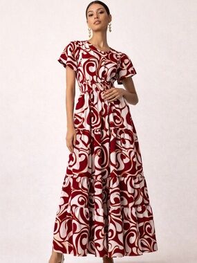 NWT Anthropologie Maeve Tiered Maxi Dress Burgundy Boho Smocked Waist Size S